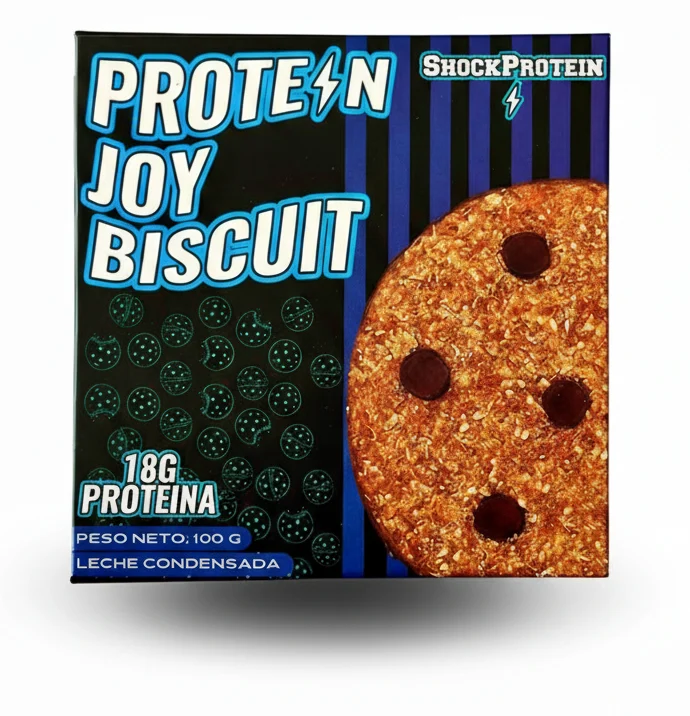 galletas Galleta proteica, caja cuadrada color azul.